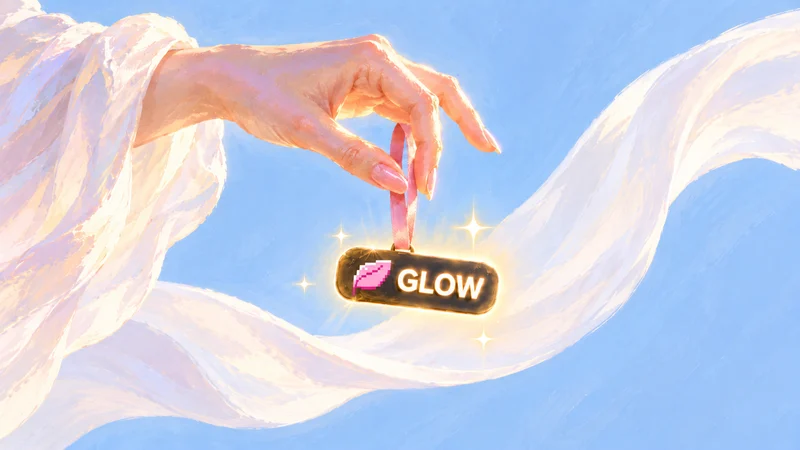 Рука держит за ленточку светящийся тег GLOW на фоне неба