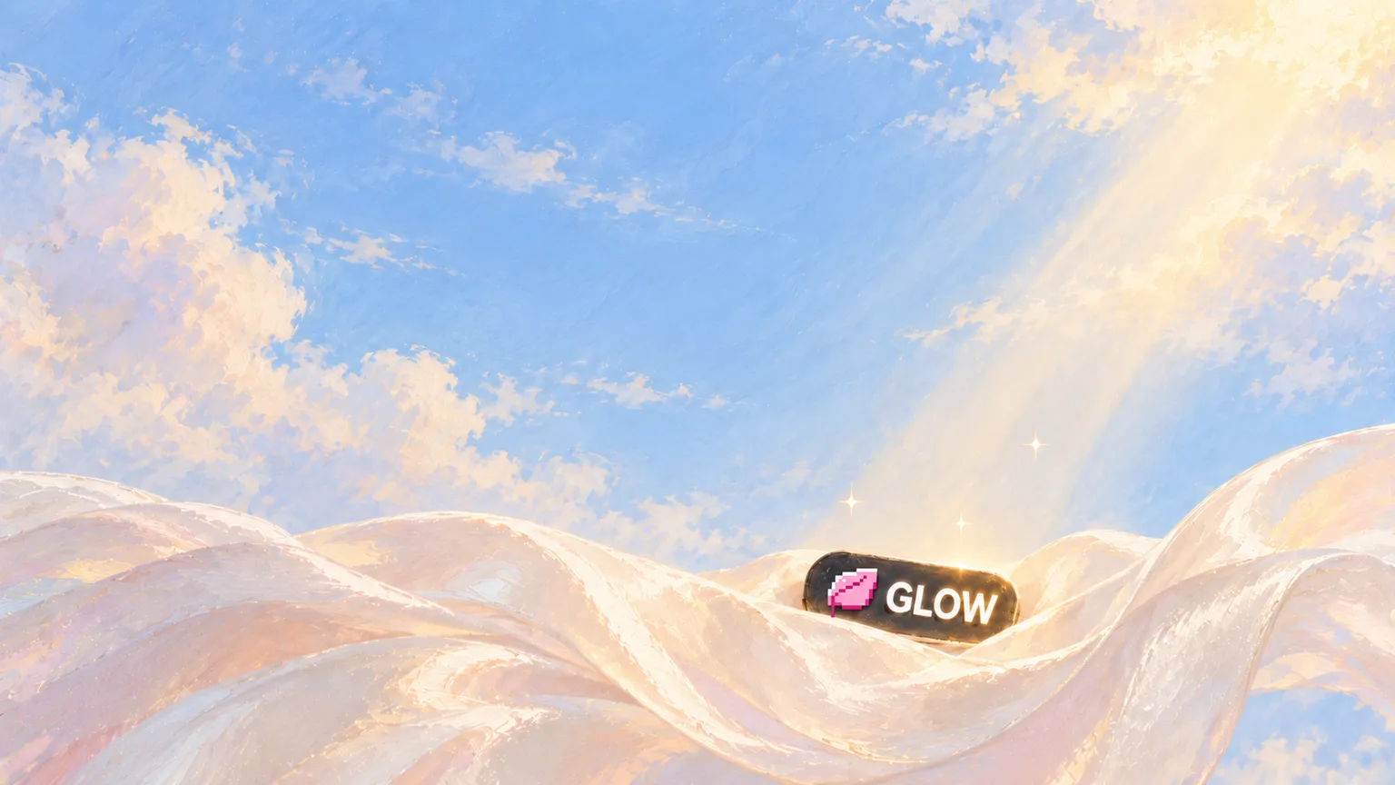Тэг GLOW лежит в складке шёлка, на него падает луч утреннего солнца